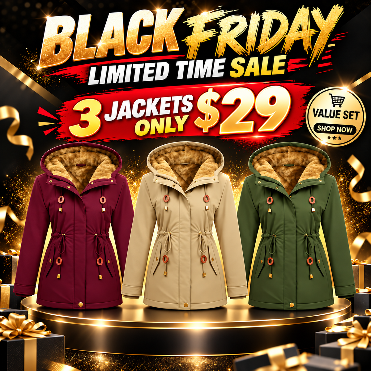 🔥Black Friday Sale!Women's Fleece Parka Jacket, Hooded, Long Warm