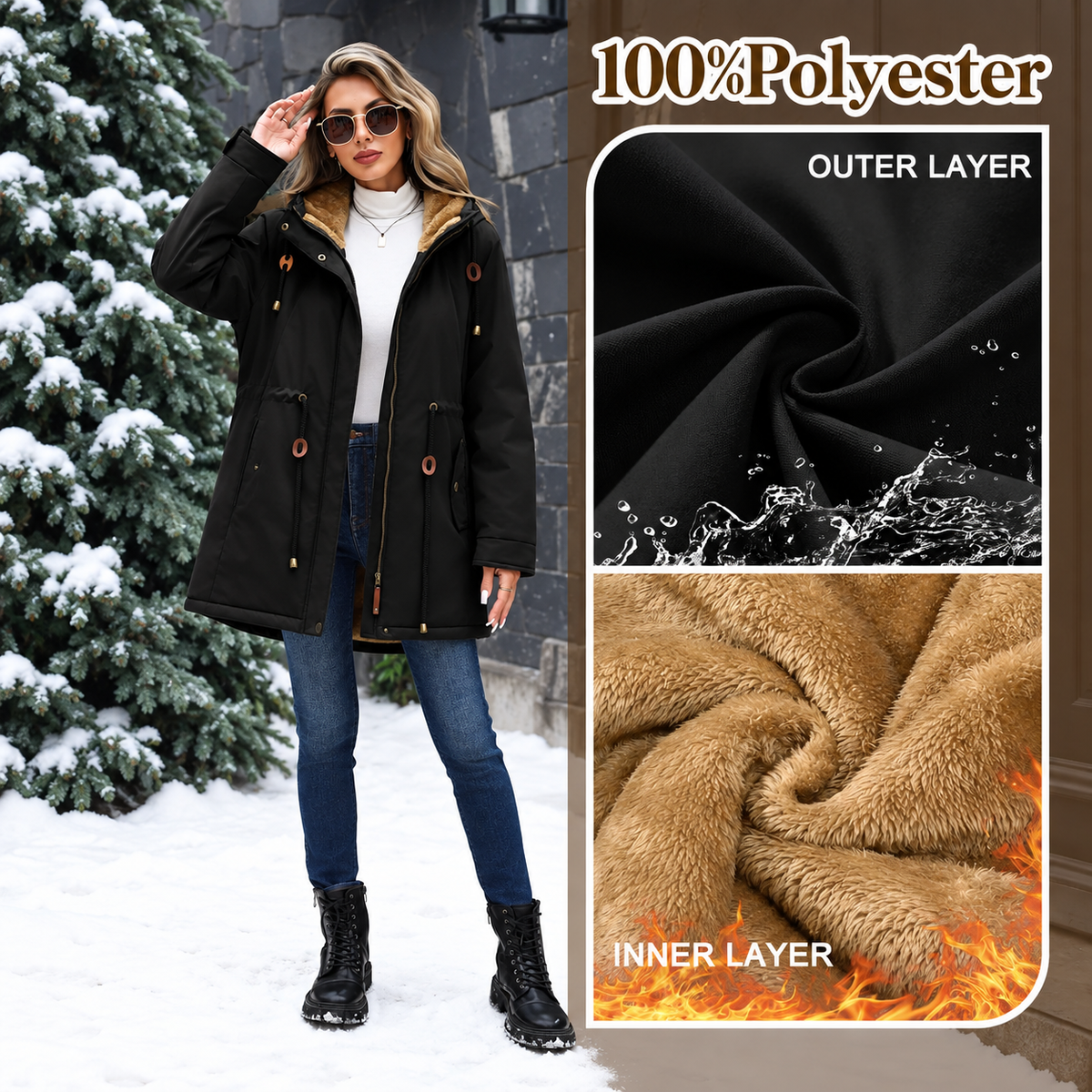 🔥Black Friday Sale!Women's Fleece Parka Jacket, Hooded, Long Warm