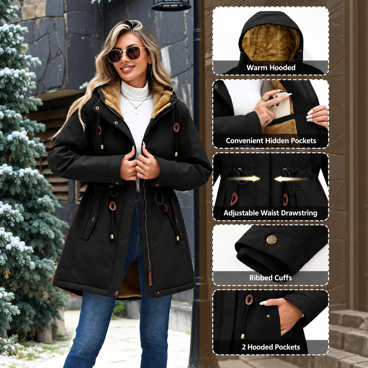 🔥Black Friday Sale!Women's Fleece Parka Jacket, Hooded, Long Warm